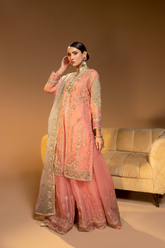 D005-F024: Coral Slit Gown: Graceful Embroidery