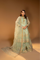 D002-f024: Pistachio Green Ensemble: Artistic Embroidery