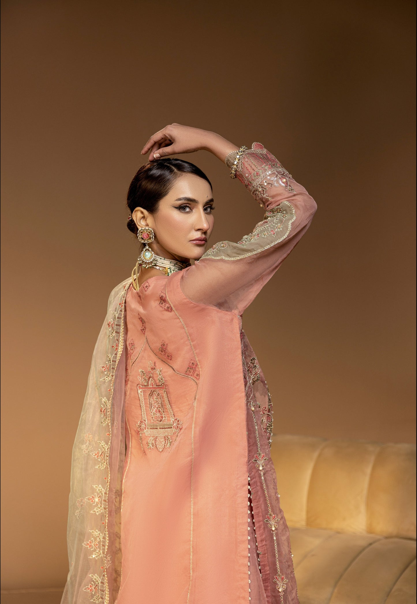 D005-F024: Coral Slit Gown: Graceful Embroidery