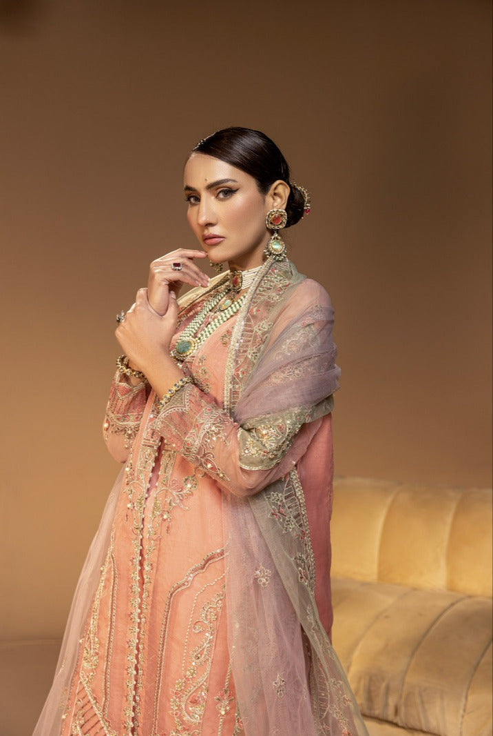 D005-F024: Coral Slit Gown: Graceful Embroidery