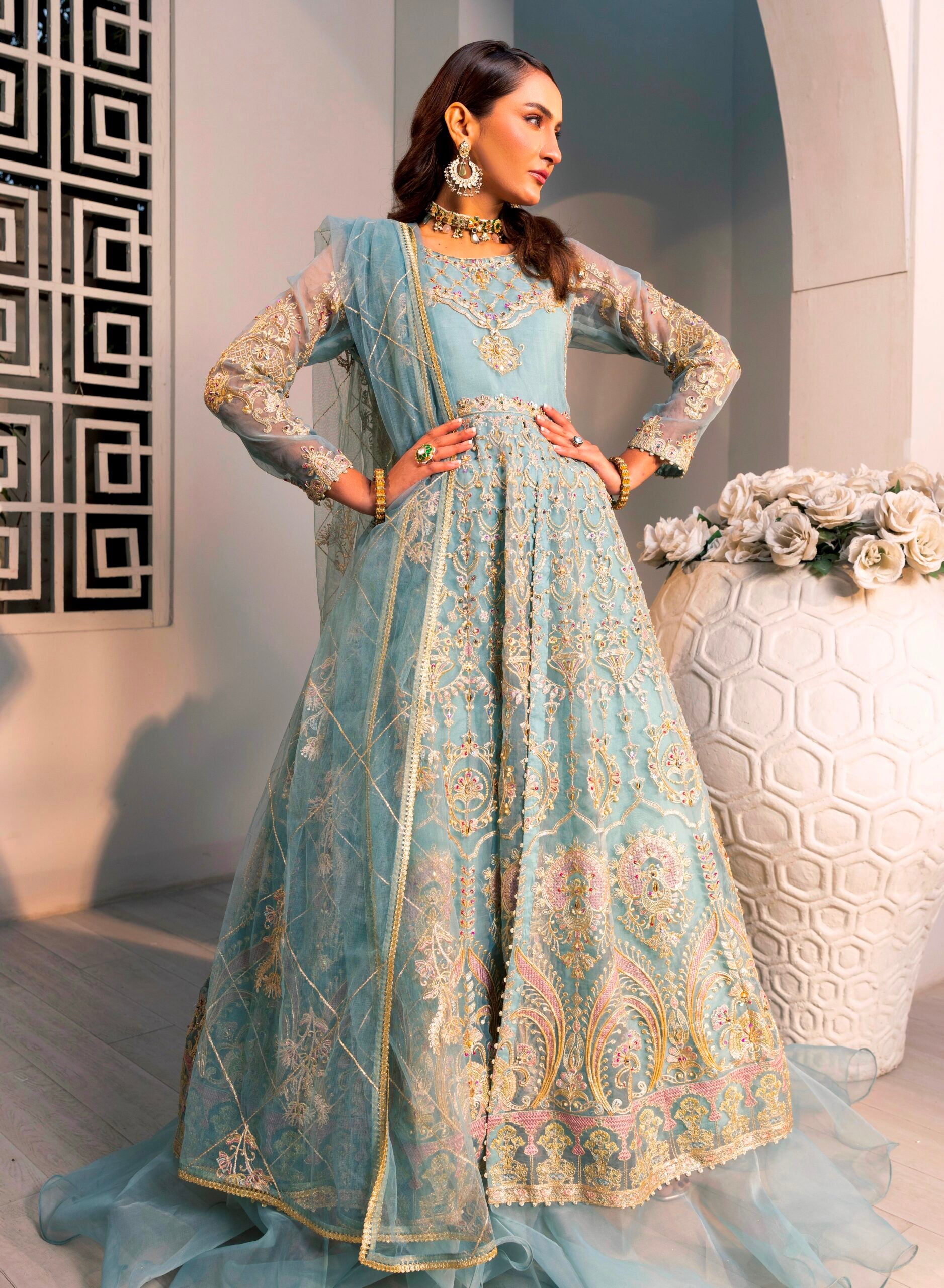 D003-f024: "Ice Blue Maxi: Hand-Embellished Elegance