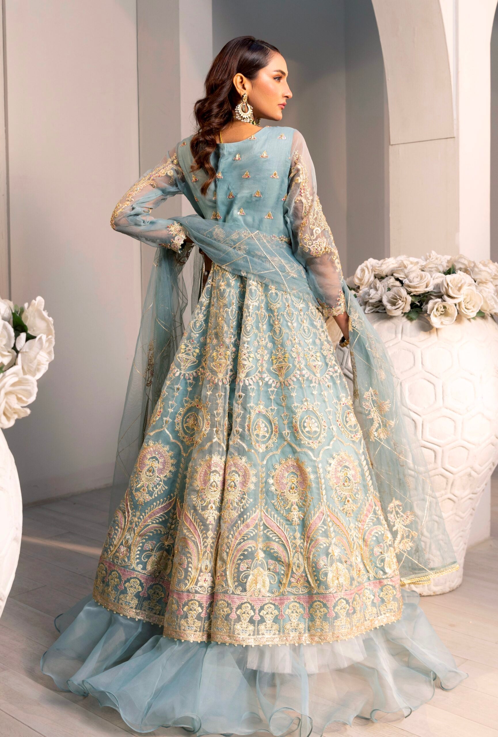 D003-f024: "Ice Blue Maxi: Hand-Embellished Elegance