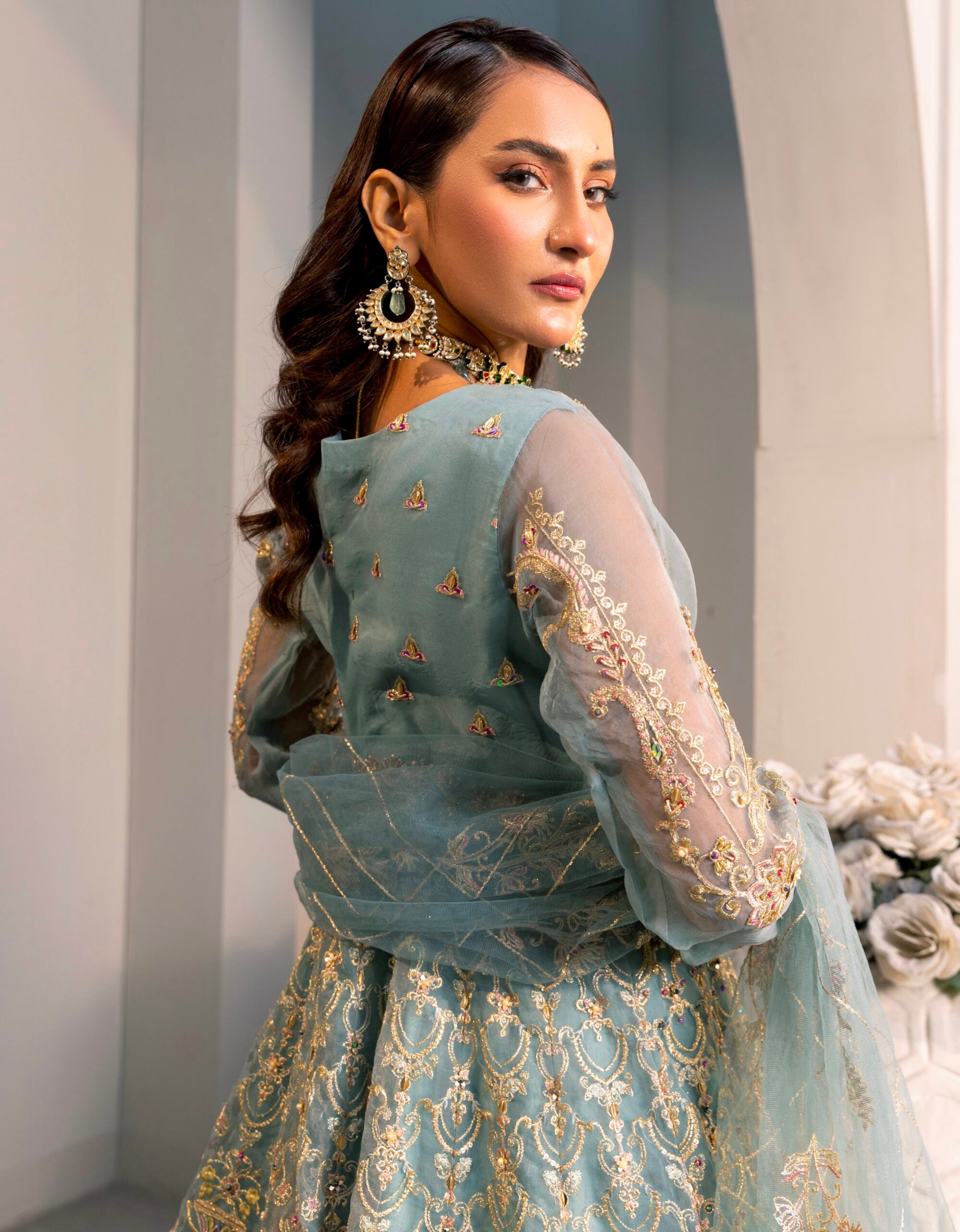 D003-f024: "Ice Blue Maxi: Hand-Embellished Elegance