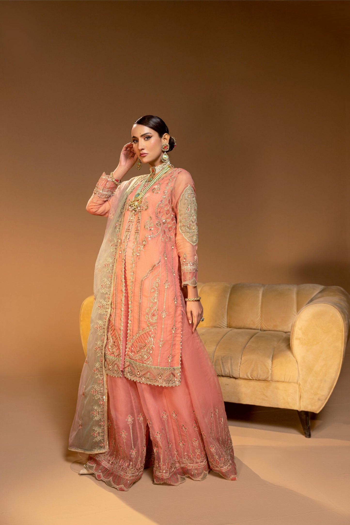D005-f024: "Coral Slit Gown: Graceful Embroidery