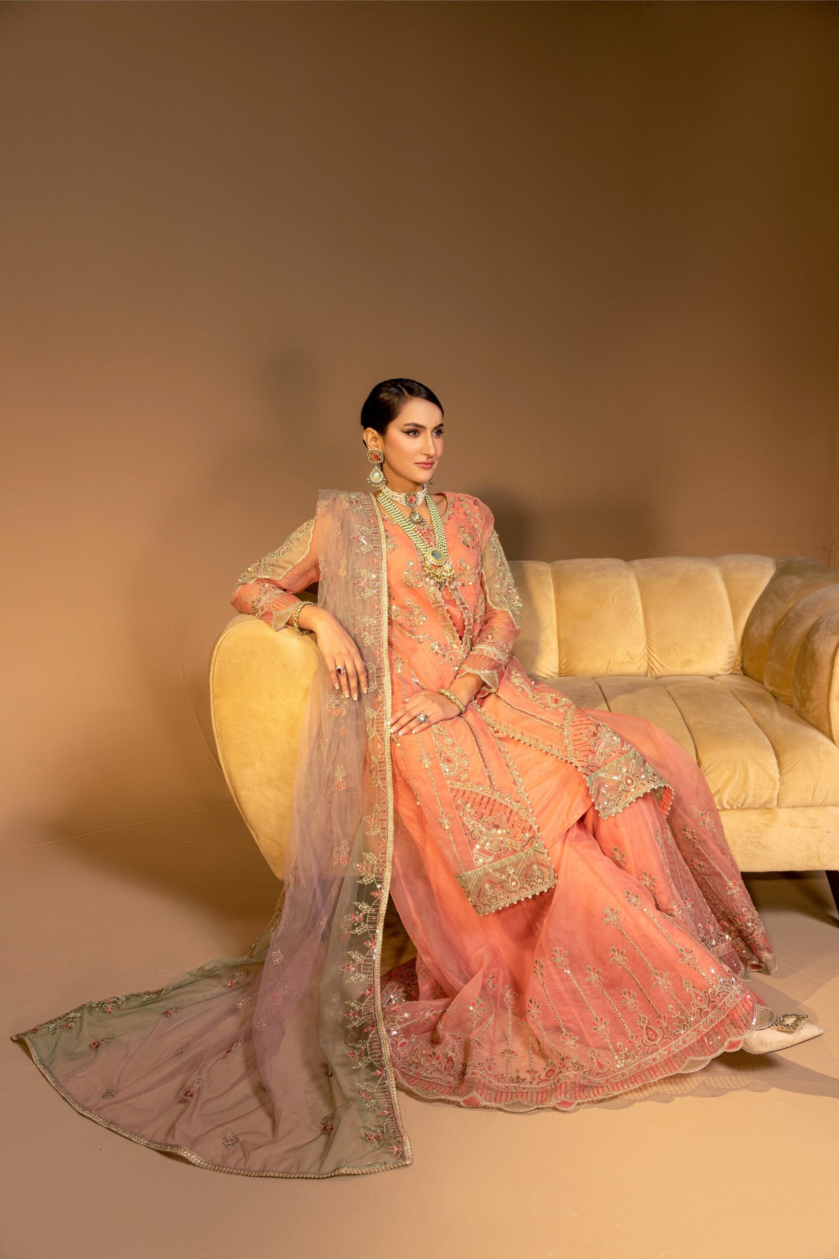 D005-f024: "Coral Slit Gown: Graceful Embroidery