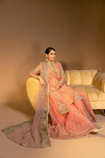 D005-f024: "Coral Slit Gown: Graceful Embroidery